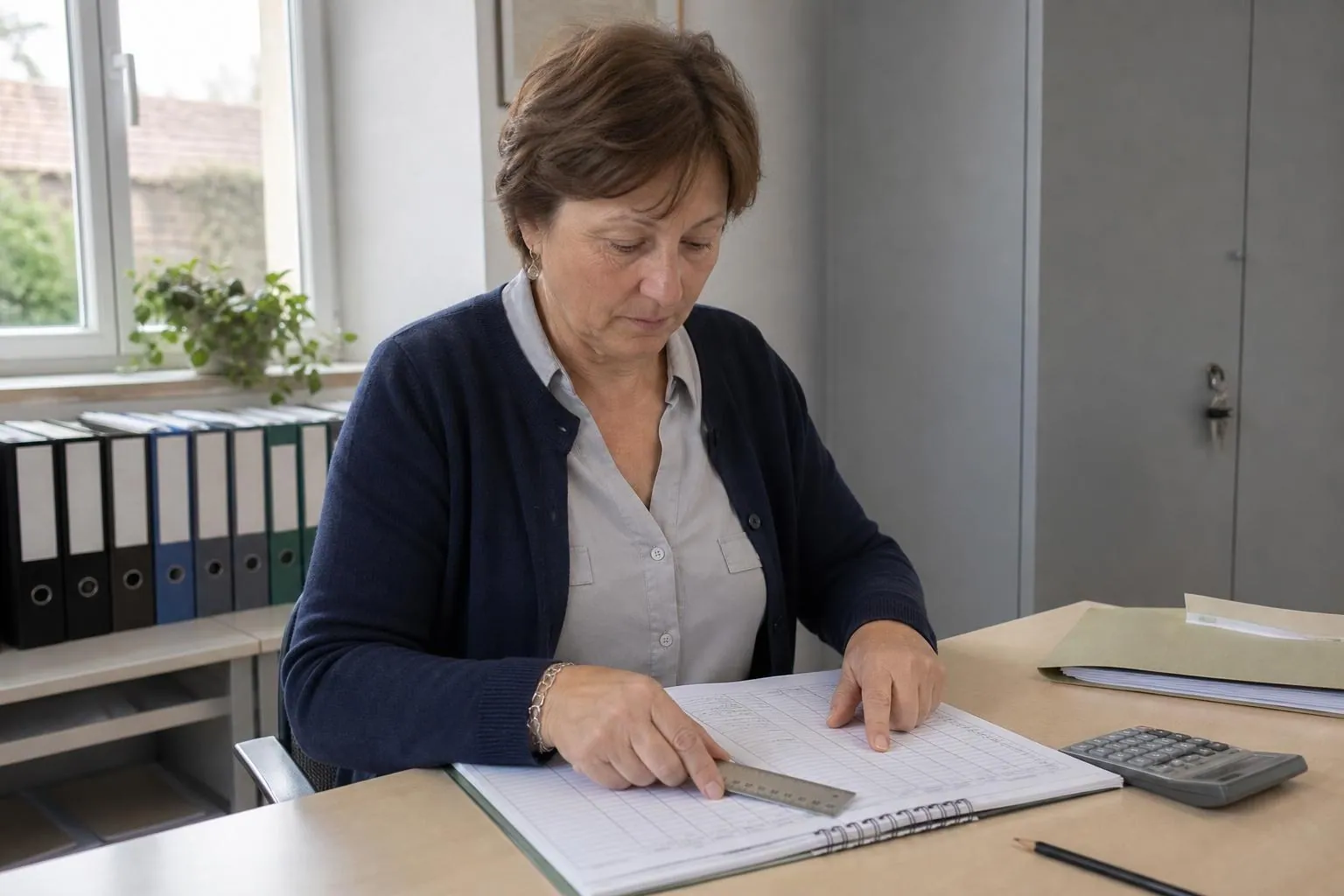 Secrétaire de mairie suivant à la règle une colonne de volumes sur un carnet de relevés posé sur son bureau