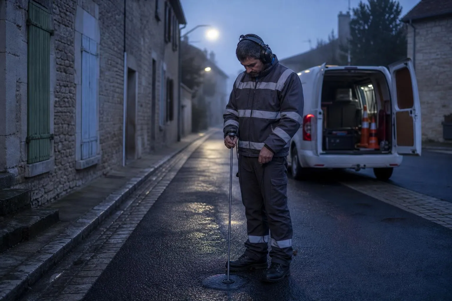 Technicien en écoute au sol avec une tige acoustique sur une bouche à clé dans une rue de village avant l’aube