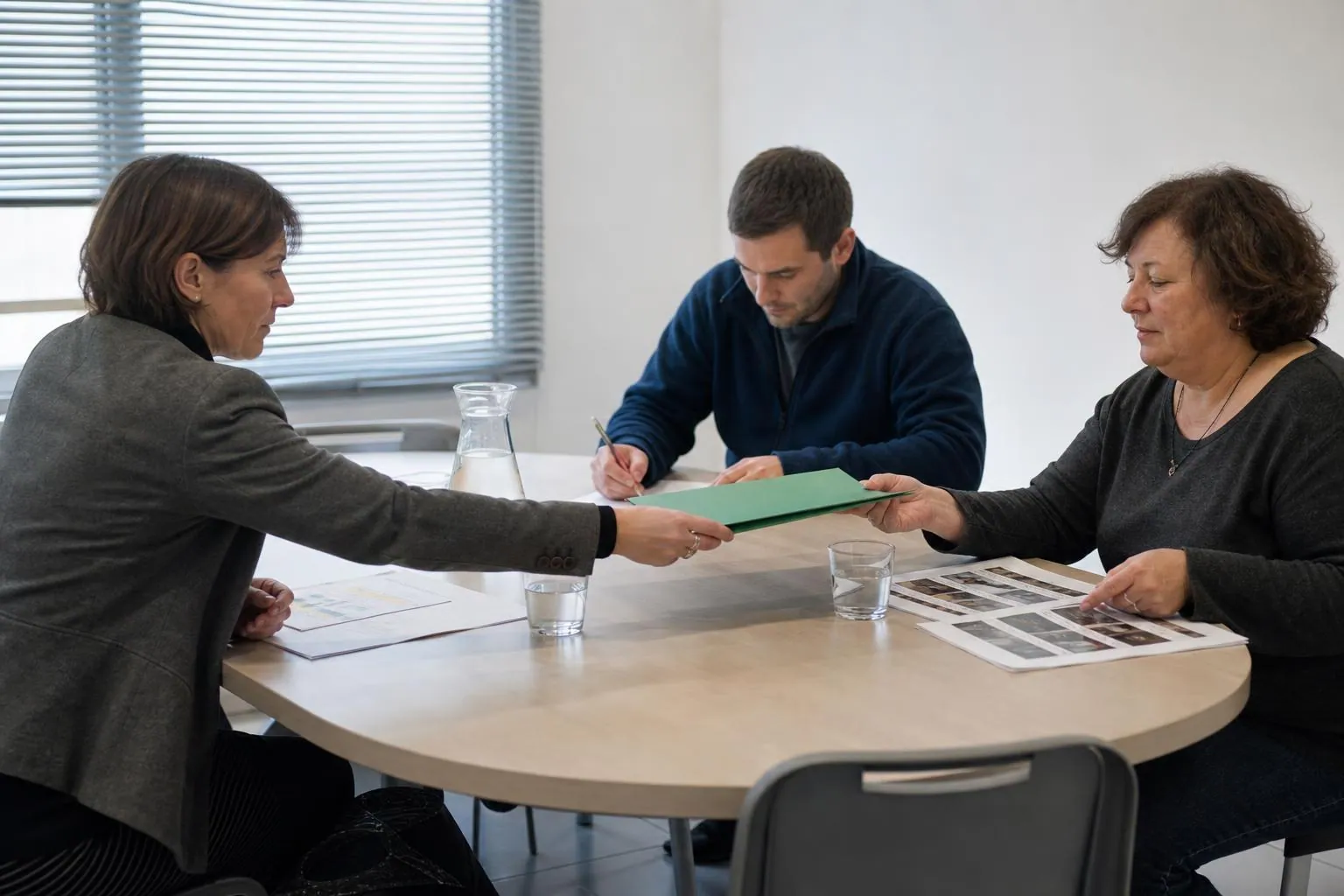 Trois agents comparent des jeux de tableaux imprimés autour d’une table de réunion dans une maison des services