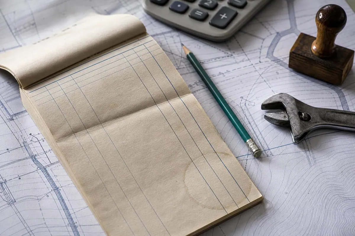 Gros plan d’un carnet de relevé de volumes à colonnes ouvert sur un plan de réseau, avec calculatrice, crayon à papier, clé à molette et tampon encreur
