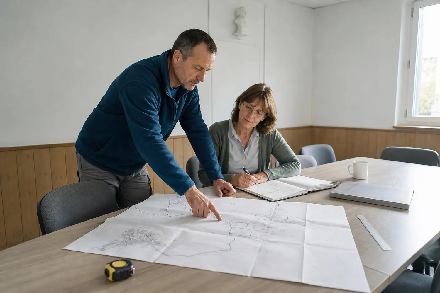 Un technicien et une secrétaire de mairie penchés sur un plan de réseau d’eau potable déployé sur une table de salle de conseil