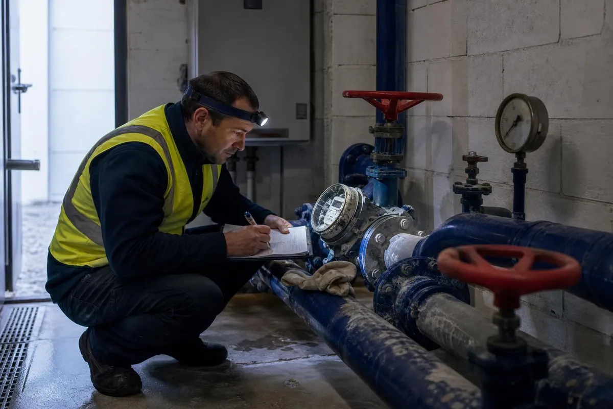 Agent en gilet haute visibilité relevant un compteur de production dans un local technique de captage d’eau potable